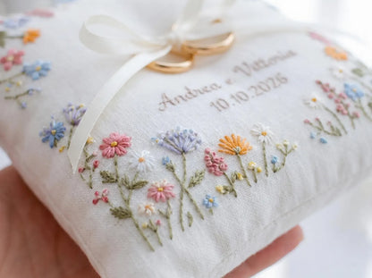 Personalized Floral Border Ring Bearer Pillow, Embroidered Wedding Pillow with Names Date, Custom Linen Ring Pillow, Handmade Wedding