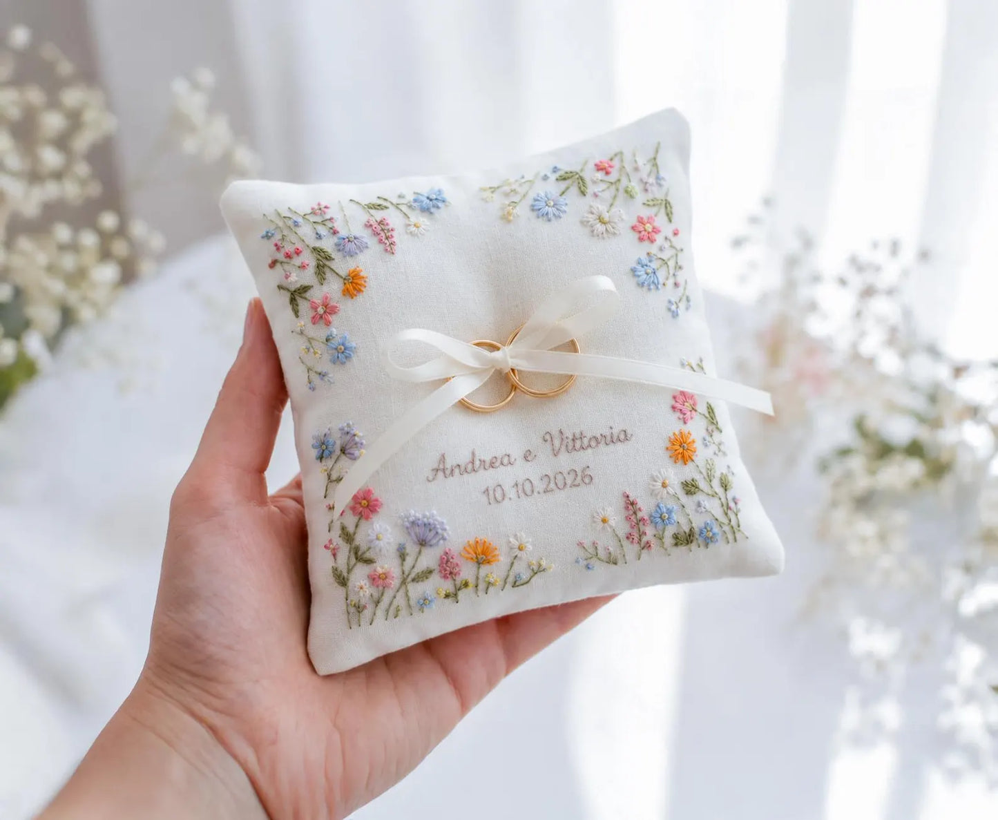 Personalized Floral Border Ring Bearer Pillow, Embroidered Wedding Pillow with Names Date, Custom Linen Ring Pillow, Handmade Wedding