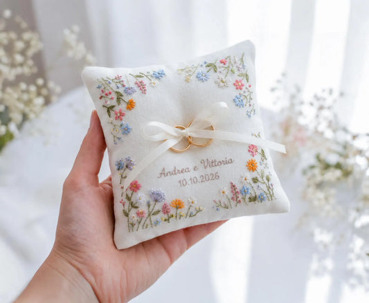 Personalized Floral Border Ring Bearer Pillow, Embroidered Wedding Pillow with Names Date, Custom Linen Ring Pillow, Handmade Wedding