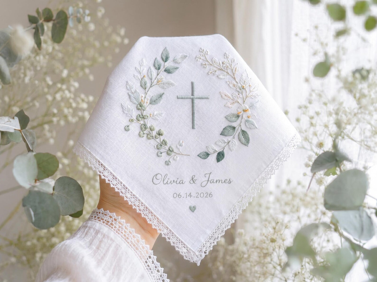 Personalized Christian Wedding Handkerchief, Embroidered Cross Bridal Hanky, Custom Religious Wedding Gift, Faith Based Keepsake