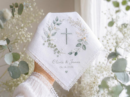 Personalized Christian Wedding Handkerchief, Embroidered Cross Bridal Hanky, Custom Religious Wedding Gift, Faith Based Keepsake