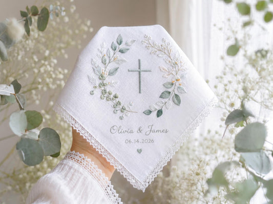 Personalized Christian Wedding Handkerchief, Embroidered Cross Bridal Hanky, Custom Religious Wedding Gift, Faith Based Keepsake