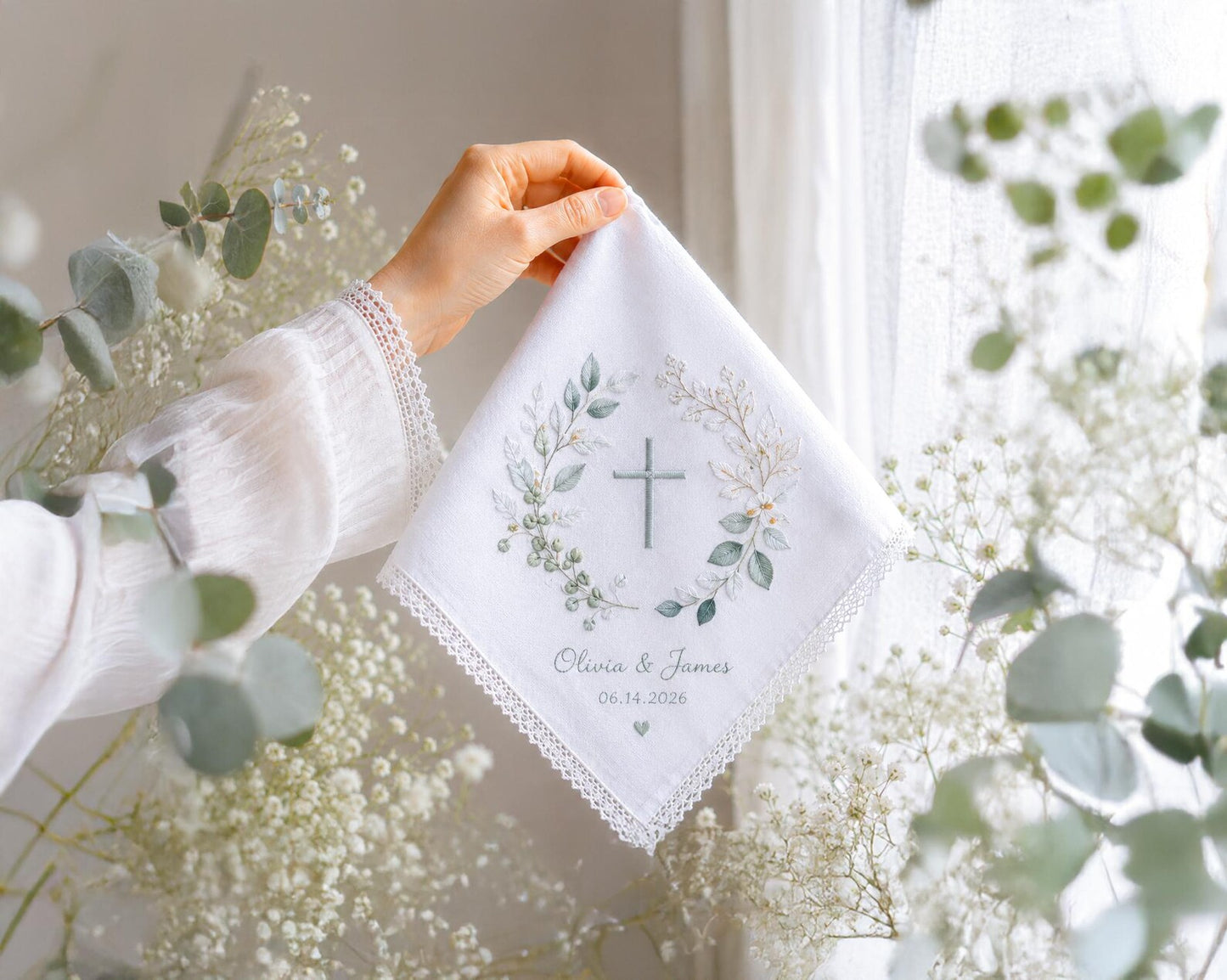 Personalized Christian Wedding Handkerchief, Embroidered Cross Bridal Hanky, Custom Religious Wedding Gift, Faith Based Keepsake