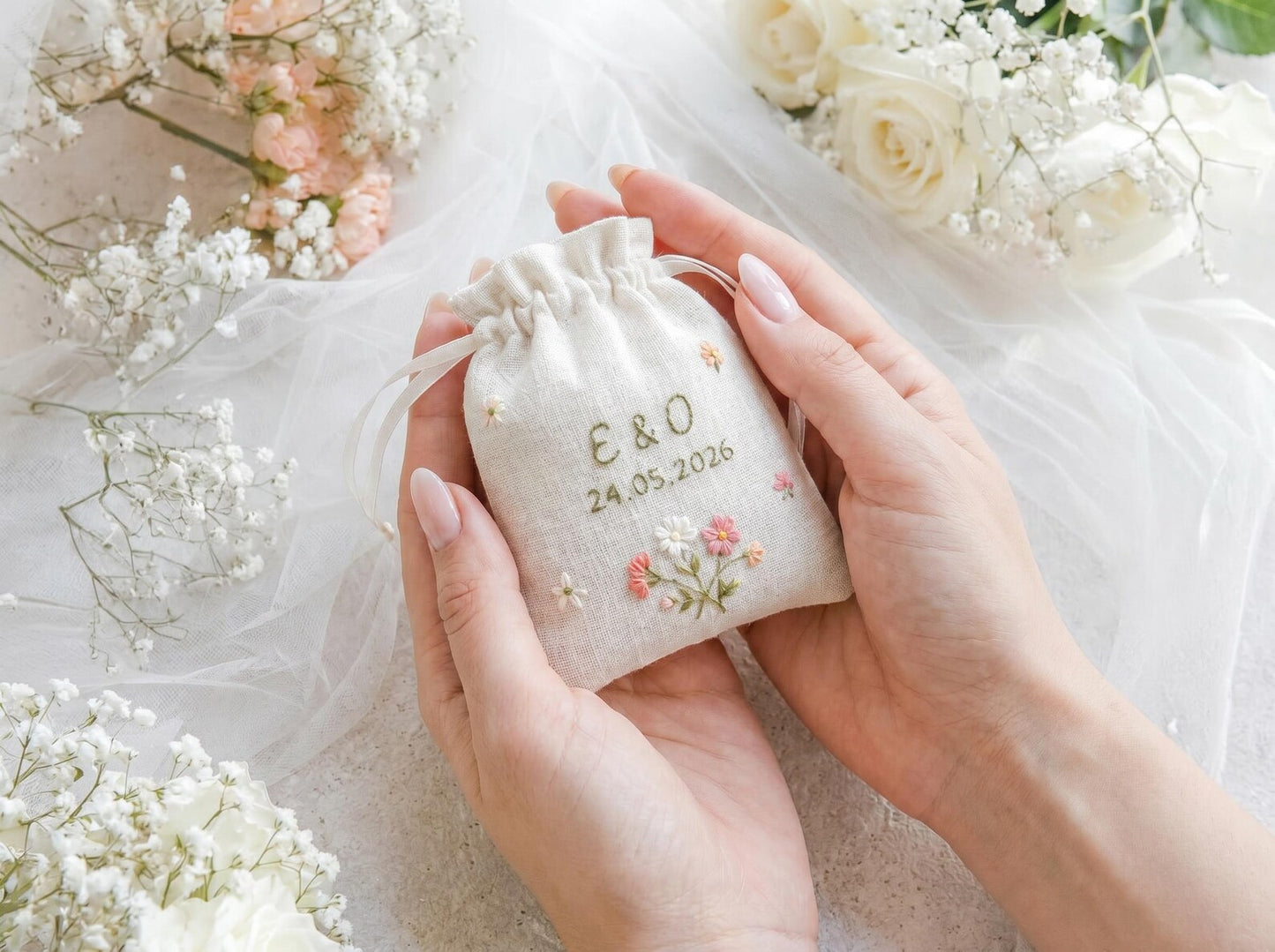 Personalized Wedding Embroidery Set, Ring Bearer Pillow, Bridal Bouquet Ribbon, Linen Sachet Bag, Custom Floral Wedding Keepsake Bridal Gift