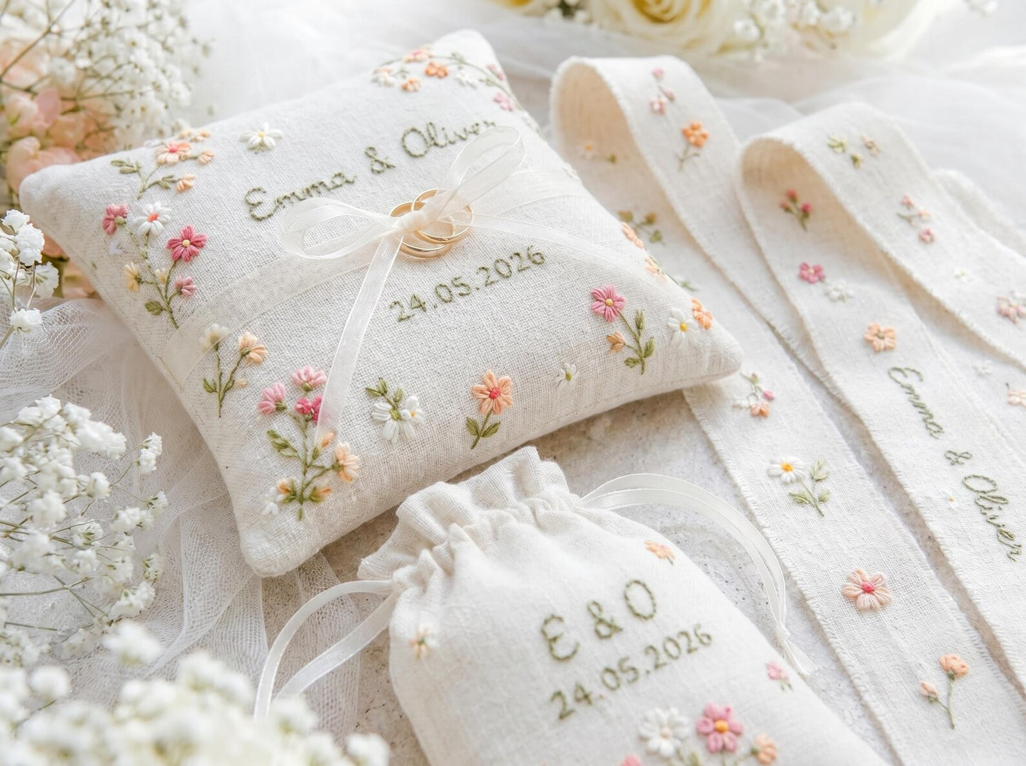Personalized Wedding Embroidery Set, Ring Bearer Pillow, Bridal Bouquet Ribbon, Linen Sachet Bag, Custom Floral Wedding Keepsake Bridal Gift