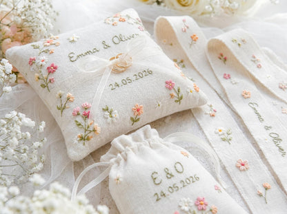 Personalized Wedding Embroidery Set, Ring Bearer Pillow, Bridal Bouquet Ribbon, Linen Sachet Bag, Custom Floral Wedding Keepsake Bridal Gift