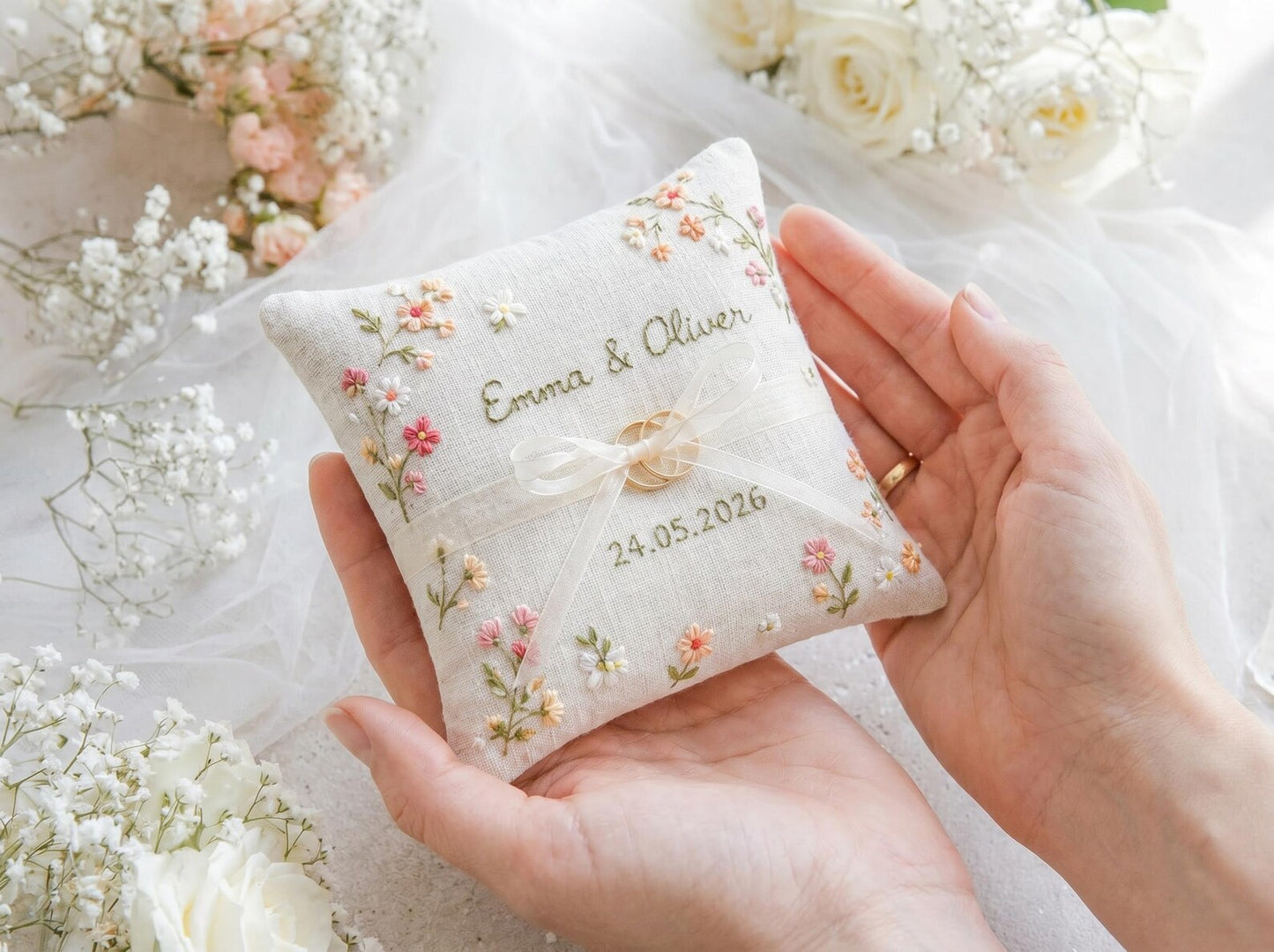Personalized Wedding Embroidery Set, Ring Bearer Pillow, Bridal Bouquet Ribbon, Linen Sachet Bag, Custom Floral Wedding Keepsake Bridal Gift