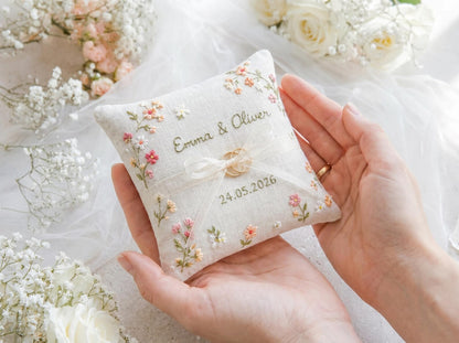 Personalized Wedding Embroidery Set, Ring Bearer Pillow, Bridal Bouquet Ribbon, Linen Sachet Bag, Custom Floral Wedding Keepsake Bridal Gift