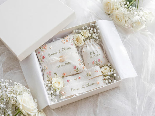 Personalized Wedding Embroidery Set, Ring Bearer Pillow, Bridal Bouquet Ribbon, Linen Sachet Bag, Custom Floral Wedding Keepsake Bridal Gift