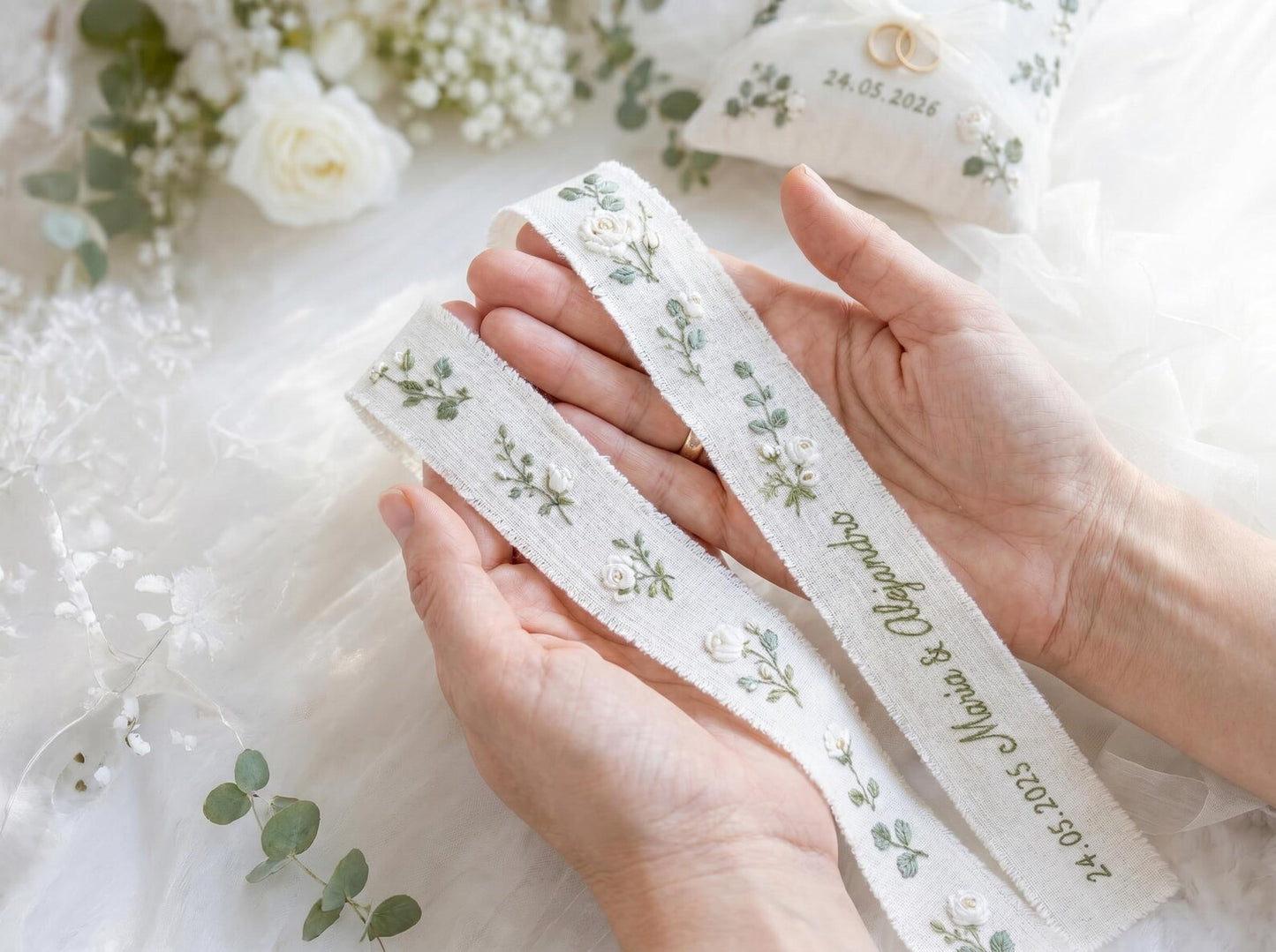 Personalized Wedding Eucalyptus Embroidery Set, Ring Bearer Pillow, Bridal Bouquet Ribbon, Linen Sachet Bag, White Rose Eucalyptus Gift Set