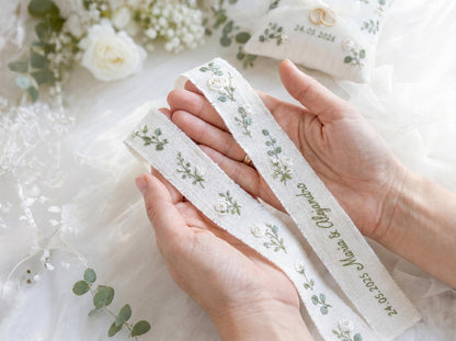 Personalized Wedding Eucalyptus Embroidery Set, Ring Bearer Pillow, Bridal Bouquet Ribbon, Linen Sachet Bag, White Rose Eucalyptus Gift Set
