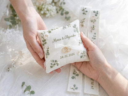 Personalized Wedding Eucalyptus Embroidery Set, Ring Bearer Pillow, Bridal Bouquet Ribbon, Linen Sachet Bag, White Rose Eucalyptus Gift Set