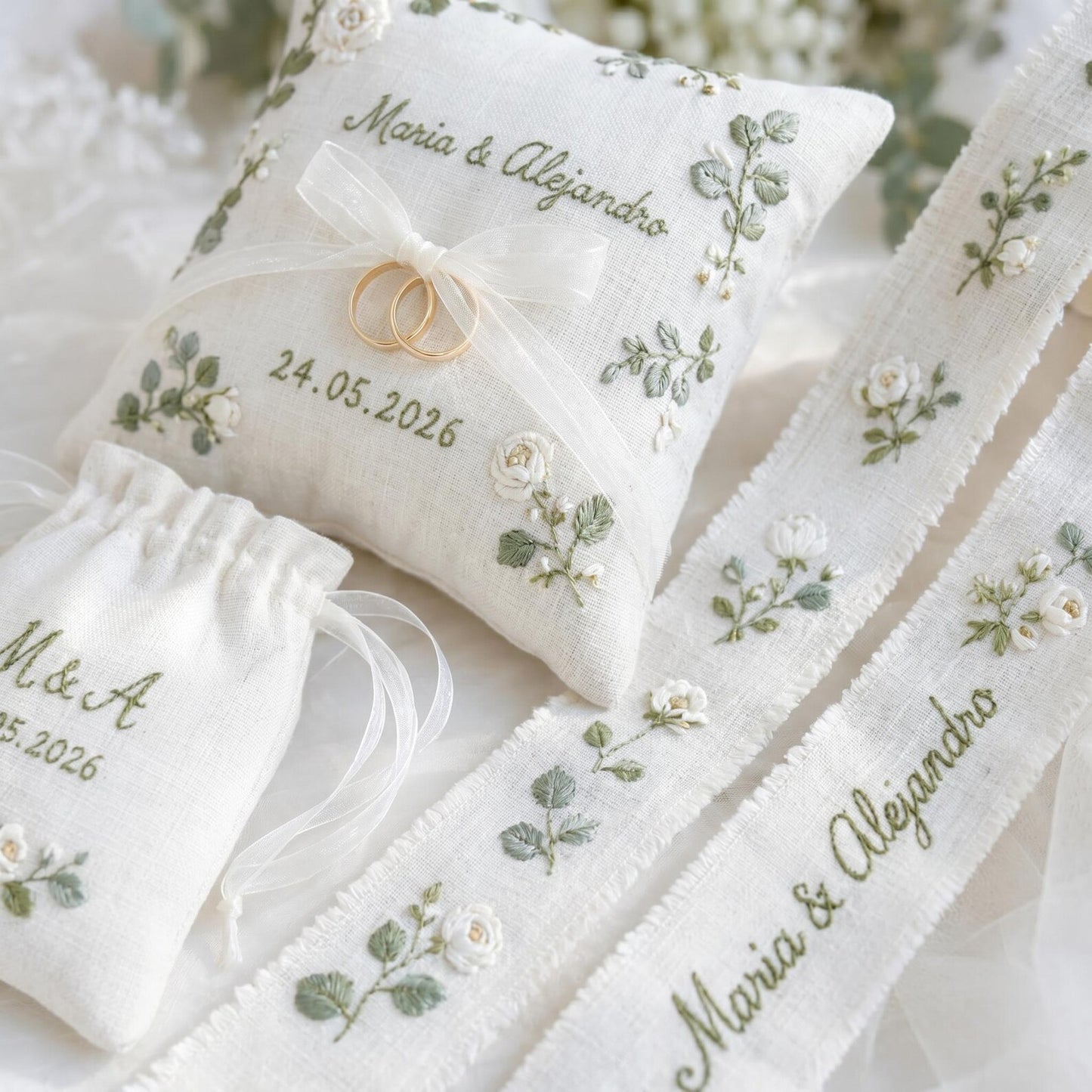 Personalized Wedding Eucalyptus Embroidery Set, Ring Bearer Pillow, Bridal Bouquet Ribbon, Linen Sachet Bag, White Rose Eucalyptus Gift Set