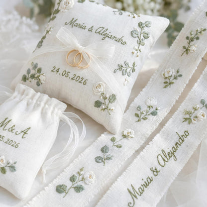 Personalized Wedding Eucalyptus Embroidery Set, Ring Bearer Pillow, Bridal Bouquet Ribbon, Linen Sachet Bag, White Rose Eucalyptus Gift Set