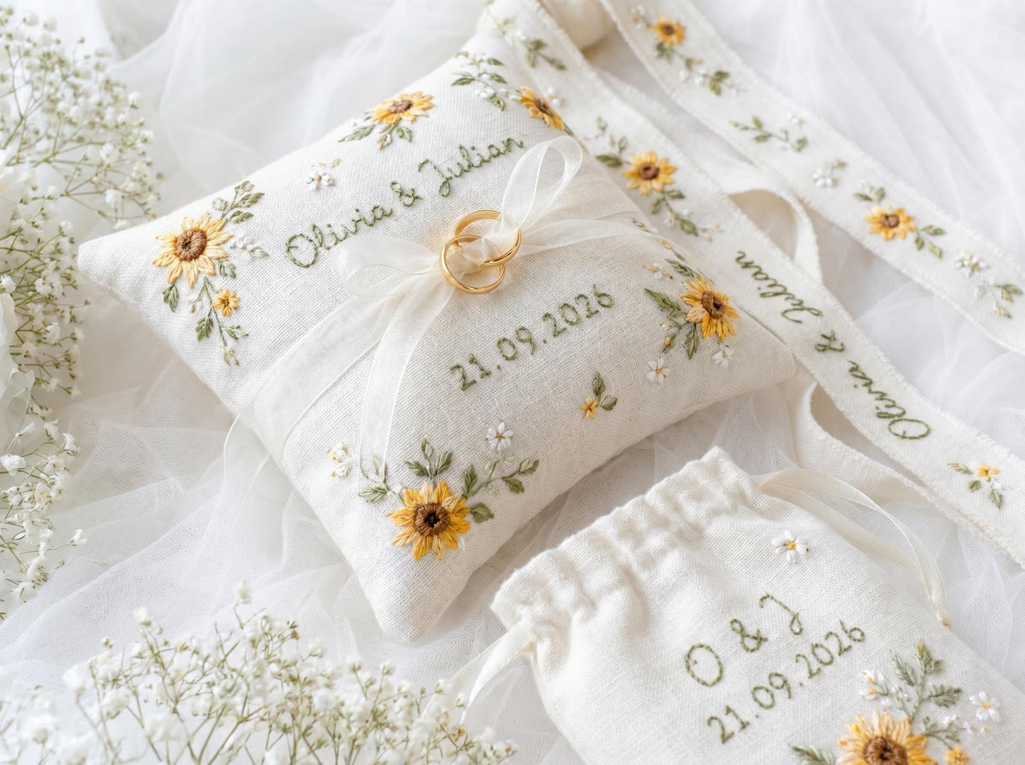 Personalized Wedding Sunflower Embroidery Set, Ring Bearer Pillow, Bridal Bouquet Ribbon, Linen Sachet Bag, Handmade Sunflower Gift Set