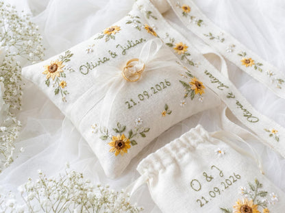 Personalized Wedding Sunflower Embroidery Set, Ring Bearer Pillow, Bridal Bouquet Ribbon, Linen Sachet Bag, Handmade Sunflower Gift Set