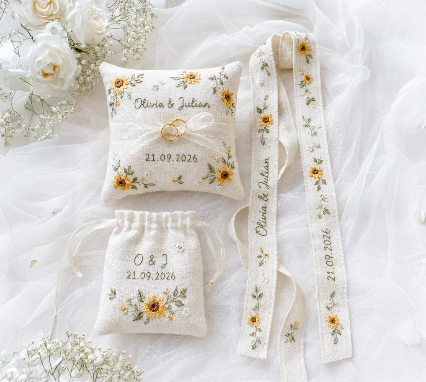 Personalized Wedding Sunflower Embroidery Set, Ring Bearer Pillow, Bridal Bouquet Ribbon, Linen Sachet Bag, Handmade Sunflower Gift Set