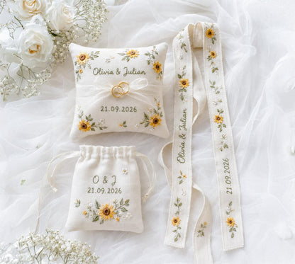 Personalized Wedding Sunflower Embroidery Set, Ring Bearer Pillow, Bridal Bouquet Ribbon, Linen Sachet Bag, Handmade Sunflower Gift Set