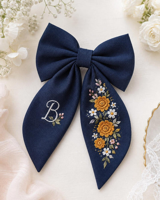 Personalized Mustard Wildflowers Linen Hair Bow – Hand Embroidered Flower Bow with Initial – Custom Name Text Bow for Girls, Handmade Hairpin Bow for Girl