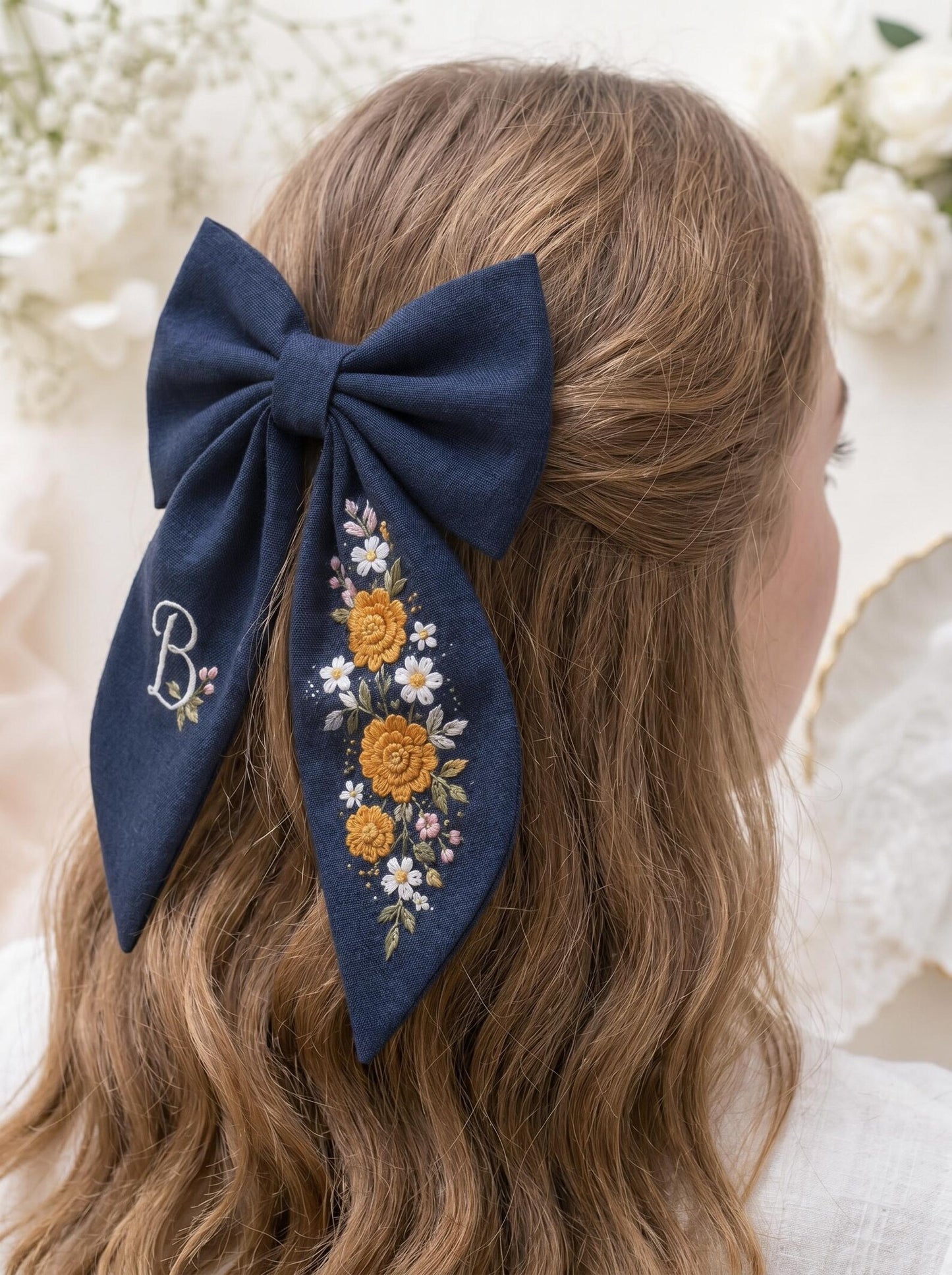 Personalized Mustard Wildflowers Linen Hair Bow – Hand Embroidered Flower Bow with Initial – Custom Name Text Bow for Girls, Handmade Hairpin Bow for Girl