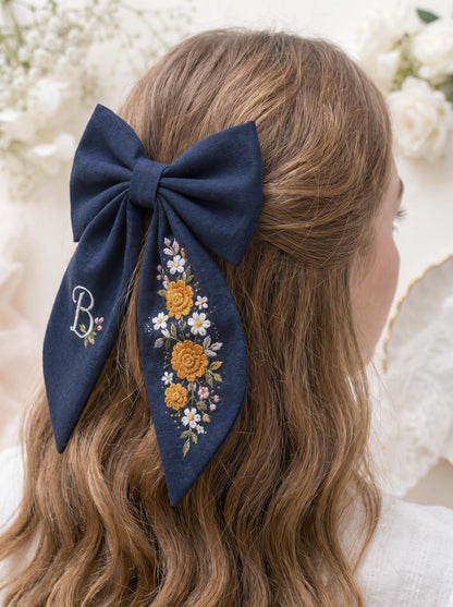 Personalized Mustard Wildflowers Linen Hair Bow – Hand Embroidered Flower Bow with Initial – Custom Name Text Bow for Girls, Handmade Hairpin Bow for Girl