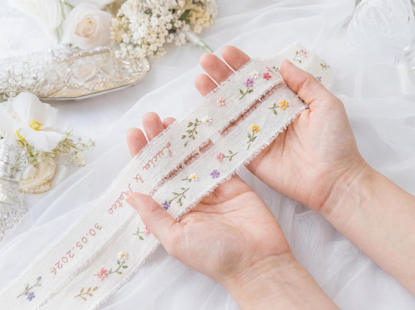 Personalized Wedding Wildflowers Embroidery Set, Ring Bearer Pillow, Bridal Bouquet Ribbon, Linen Sachet Bag, Handmade Wildflowers Gift Set
