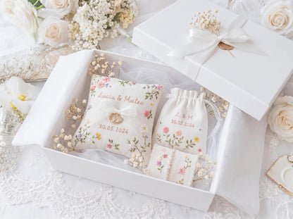 Personalized Wedding Wildflowers Embroidery Set, Ring Bearer Pillow, Bridal Bouquet Ribbon, Linen Sachet Bag, Handmade Wildflowers Gift Set
