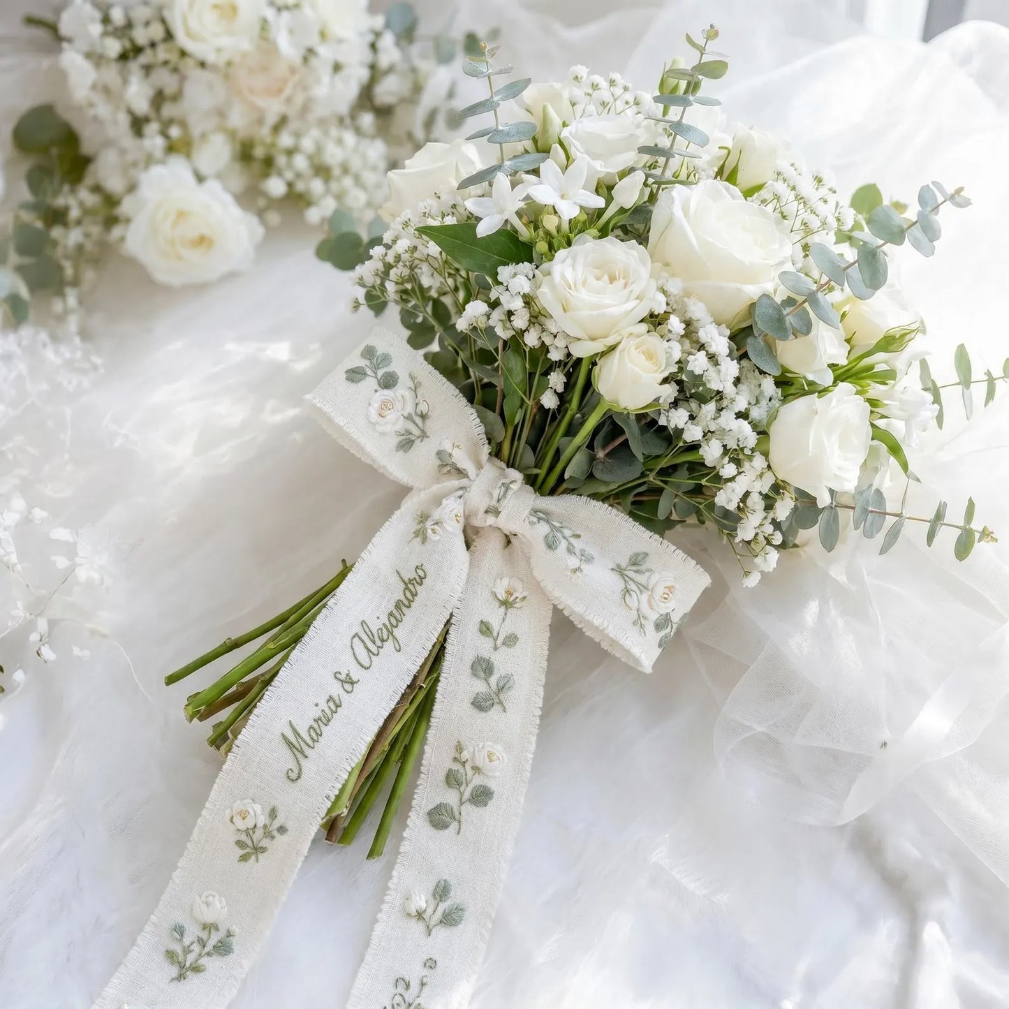 Personalized Wedding Embroidery Set, Ring Bearer Pillow, Bridal Bouquet Ribbon, Linen Sachet Bag, White Rose Eucalyptus Bridal Gift Handmade