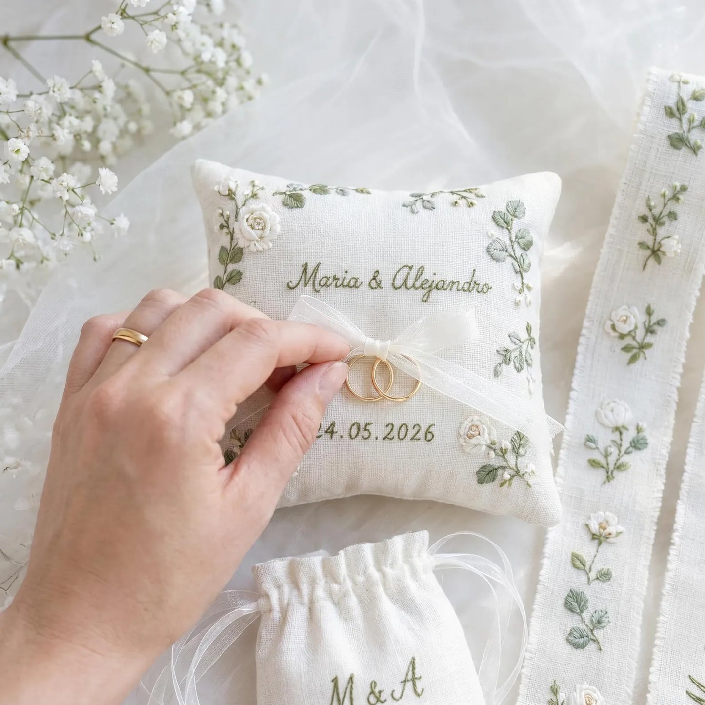 Personalized Wedding Embroidery Set, Ring Bearer Pillow, Bridal Bouquet Ribbon, Linen Sachet Bag, White Rose Eucalyptus Bridal Gift Handmade