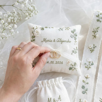 Personalized Wedding Embroidery Set, Ring Bearer Pillow, Bridal Bouquet Ribbon, Linen Sachet Bag, White Rose Eucalyptus Bridal Gift Handmade