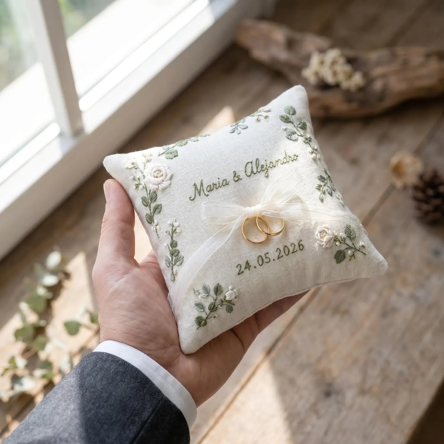 Personalized Wedding Embroidery Set, Ring Bearer Pillow, Bridal Bouquet Ribbon, Linen Sachet Bag, White Rose Eucalyptus Bridal Gift Handmade