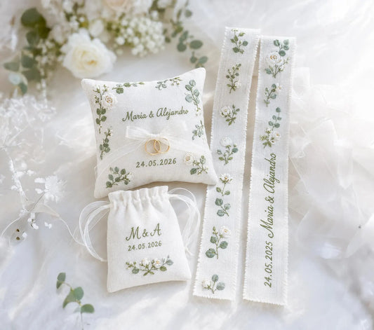 Personalized Wedding Embroidery Set, Ring Bearer Pillow, Bridal Bouquet Ribbon, Linen Sachet Bag, White Rose Eucalyptus Bridal Gift Handmade