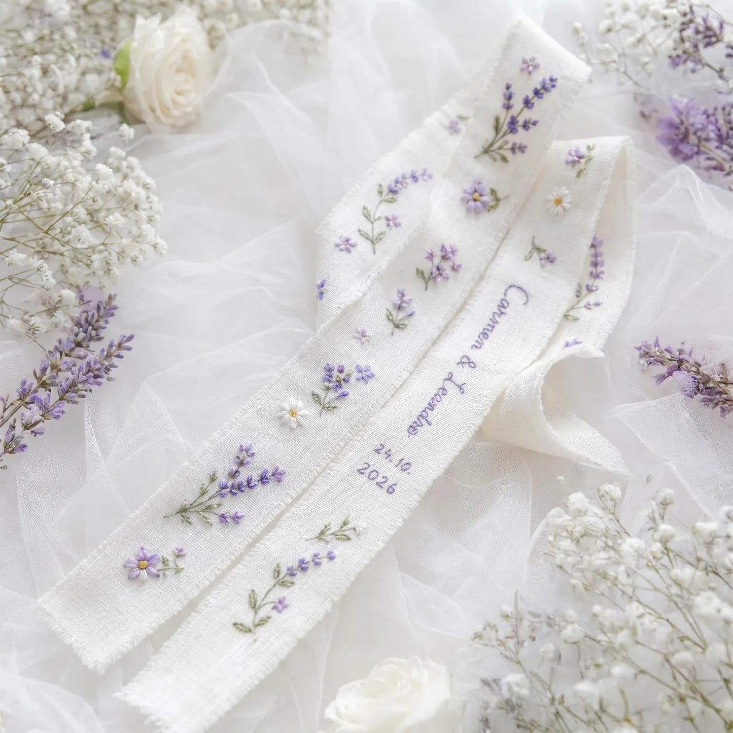 Personalized Wedding Embroidery Set, Ring Bearer Pillow, Bridal Bouquet Ribbon, Linen Sachet Bag, Embroidered Lavender Bridal Gift for Bride