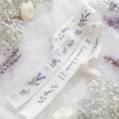 Personalized Wedding Embroidery Set, Ring Bearer Pillow, Bridal Bouquet Ribbon, Linen Sachet Bag, Embroidered Lavender Bridal Gift for Bride