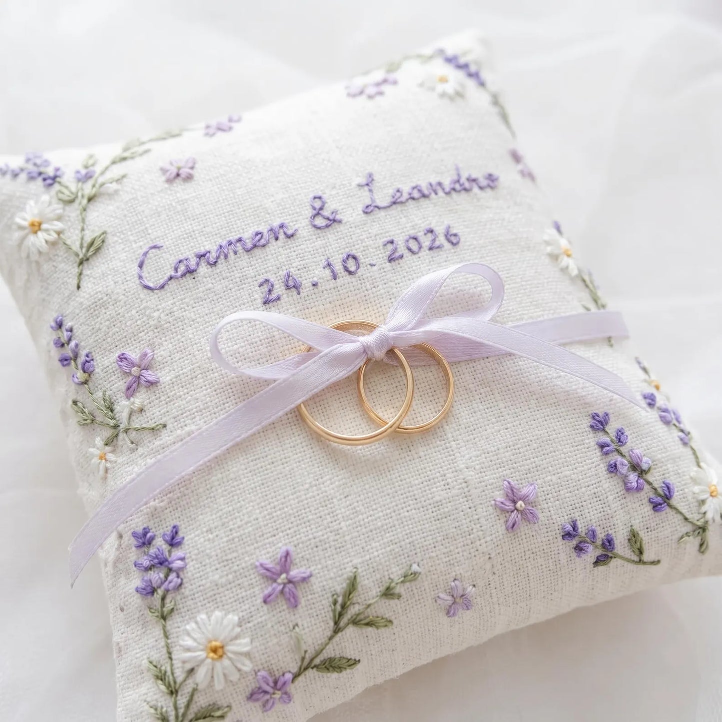 Personalized Wedding Embroidery Set, Ring Bearer Pillow, Bridal Bouquet Ribbon, Linen Sachet Bag, Embroidered Lavender Bridal Gift for Bride