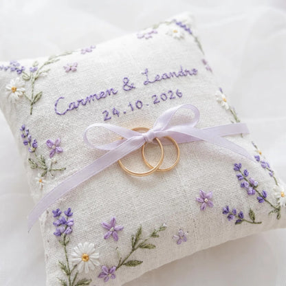 Personalized Wedding Embroidery Set, Ring Bearer Pillow, Bridal Bouquet Ribbon, Linen Sachet Bag, Embroidered Lavender Bridal Gift for Bride