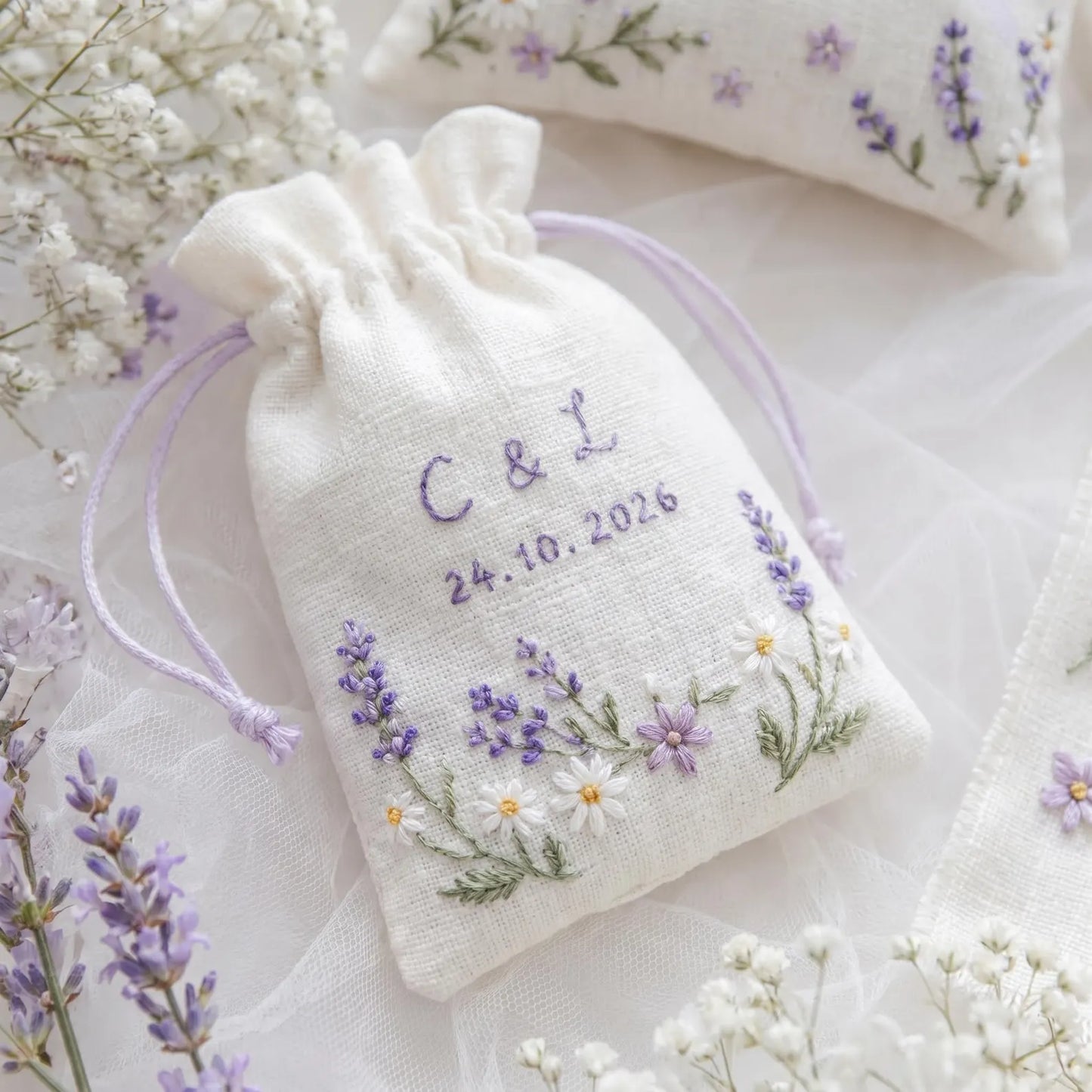 Personalized Wedding Embroidery Set, Ring Bearer Pillow, Bridal Bouquet Ribbon, Linen Sachet Bag, Embroidered Lavender Bridal Gift for Bride