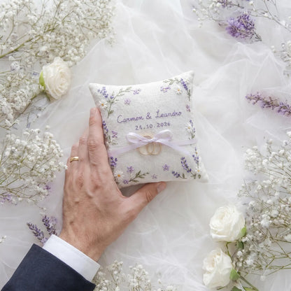 Personalized Wedding Embroidery Set, Ring Bearer Pillow, Bridal Bouquet Ribbon, Linen Sachet Bag, Embroidered Lavender Bridal Gift for Bride