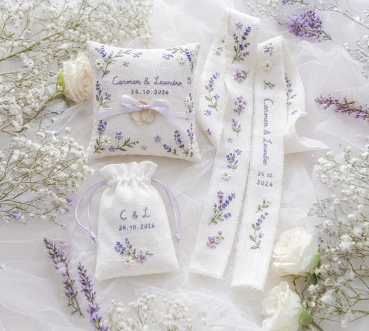 Personalized Wedding Embroidery Set, Ring Bearer Pillow, Bridal Bouquet Ribbon, Linen Sachet Bag, Embroidered Lavender Bridal Gift for Bride