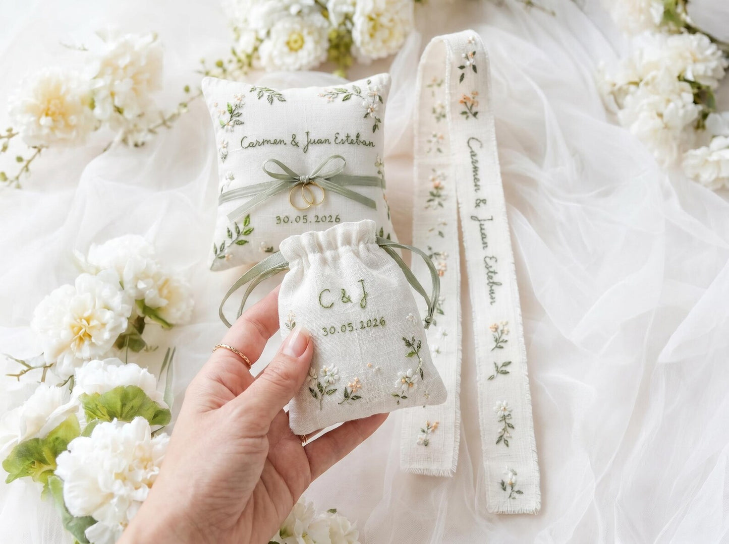 Personalized Wedding Embroidery Set, Ring Bearer Pillow, Bridal Bouquet Ribbon, Linen Sachet Bag, Handmade Wildflower Bridal Gift Handmade