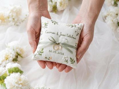 Personalized Wedding Embroidery Set, Ring Bearer Pillow, Bridal Bouquet Ribbon, Linen Sachet Bag, Handmade Wildflower Bridal Gift Handmade