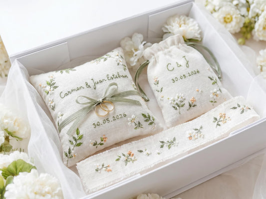 Personalized Wedding Embroidery Set, Ring Bearer Pillow, Bridal Bouquet Ribbon, Linen Sachet Bag, Handmade Wildflower Bridal Gift Handmade