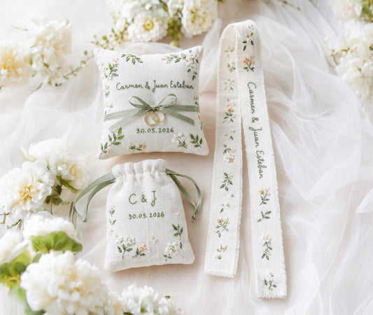Personalized Wedding Embroidery Set, Ring Bearer Pillow, Bridal Bouquet Ribbon, Linen Sachet Bag, Handmade Wildflower Bridal Gift Handmade