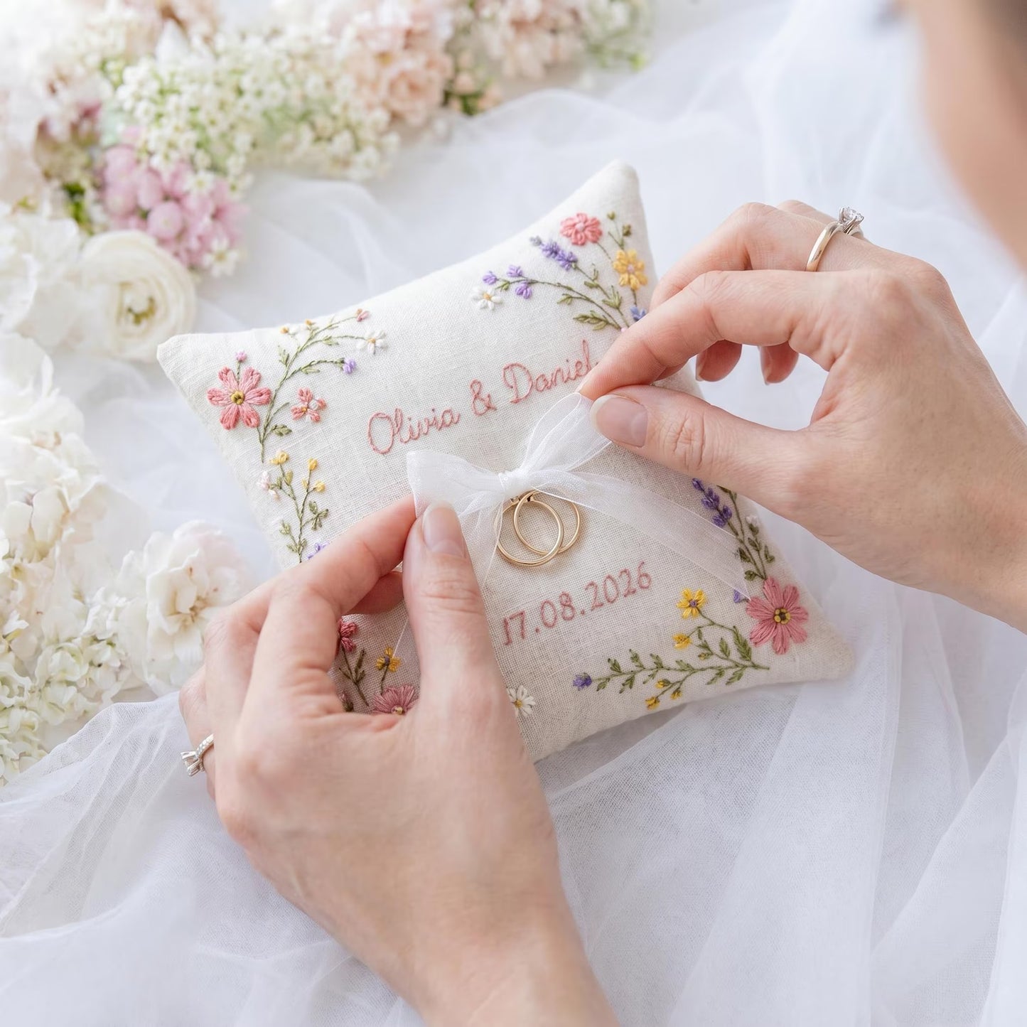 Personalized Wedding Embroidery Set, Ring Bearer Pillow, Bridal Bouquet Ribbon, Linen Sachet Bag, Handmade Wildflower Bridal Gift Handmade