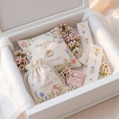 Personalized Wedding Embroidery Set, Ring Bearer Pillow, Bridal Bouquet Ribbon, Linen Sachet Bag, Handmade Wildflower Bridal Gift Handmade