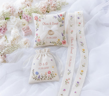 Personalized Wedding Embroidery Set, Ring Bearer Pillow, Bridal Bouquet Ribbon, Linen Sachet Bag, Handmade Wildflower Bridal Gift Handmade