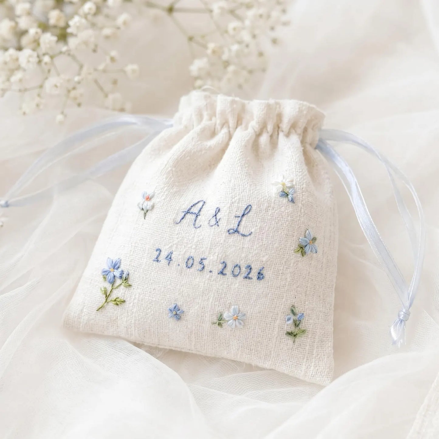 Personalized Wedding Embroidery Set, Ring Bearer Pillow, Bridal Bouquet Ribbon, Linen Sachet Bag, Handmade Wildflower Bridal Gift Handmade