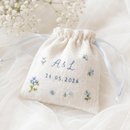 Personalized Wedding Embroidery Set, Ring Bearer Pillow, Bridal Bouquet Ribbon, Linen Sachet Bag, Handmade Wildflower Bridal Gift Handmade