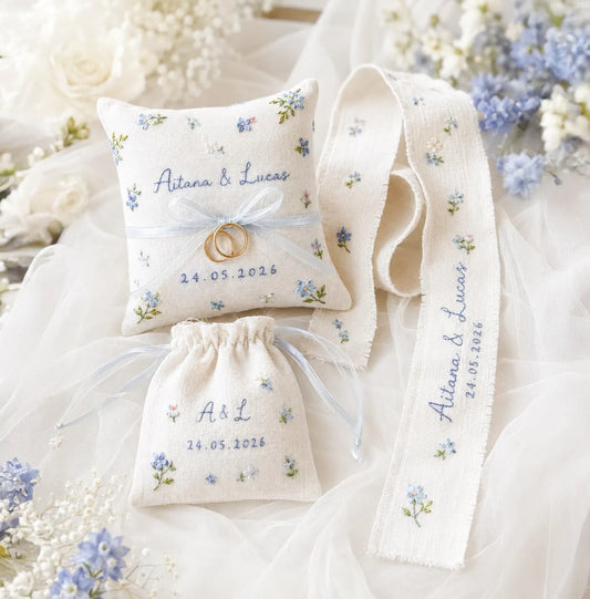 Personalized Wedding Embroidery Set, Ring Bearer Pillow, Bridal Bouquet Ribbon, Linen Sachet Bag, Handmade Wildflower Bridal Gift Handmade