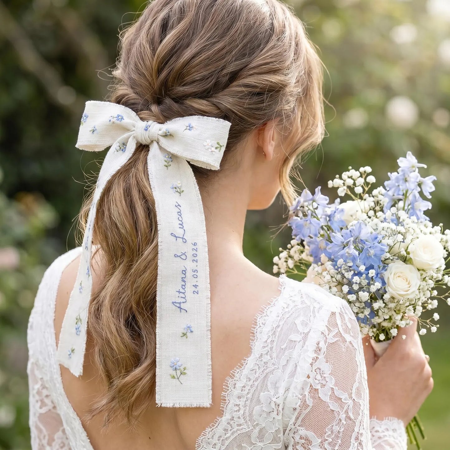 Personalized Wedding Embroidery Set, Ring Bearer Pillow, Bridal Bouquet Ribbon, Linen Sachet Bag, Handmade Wildflower Bridal Gift Handmade